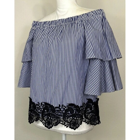 ZARA Blue & White Striped Off the Shoulder Puff Sleeve Lace Blouse Size Medium - Picture 5 of 13